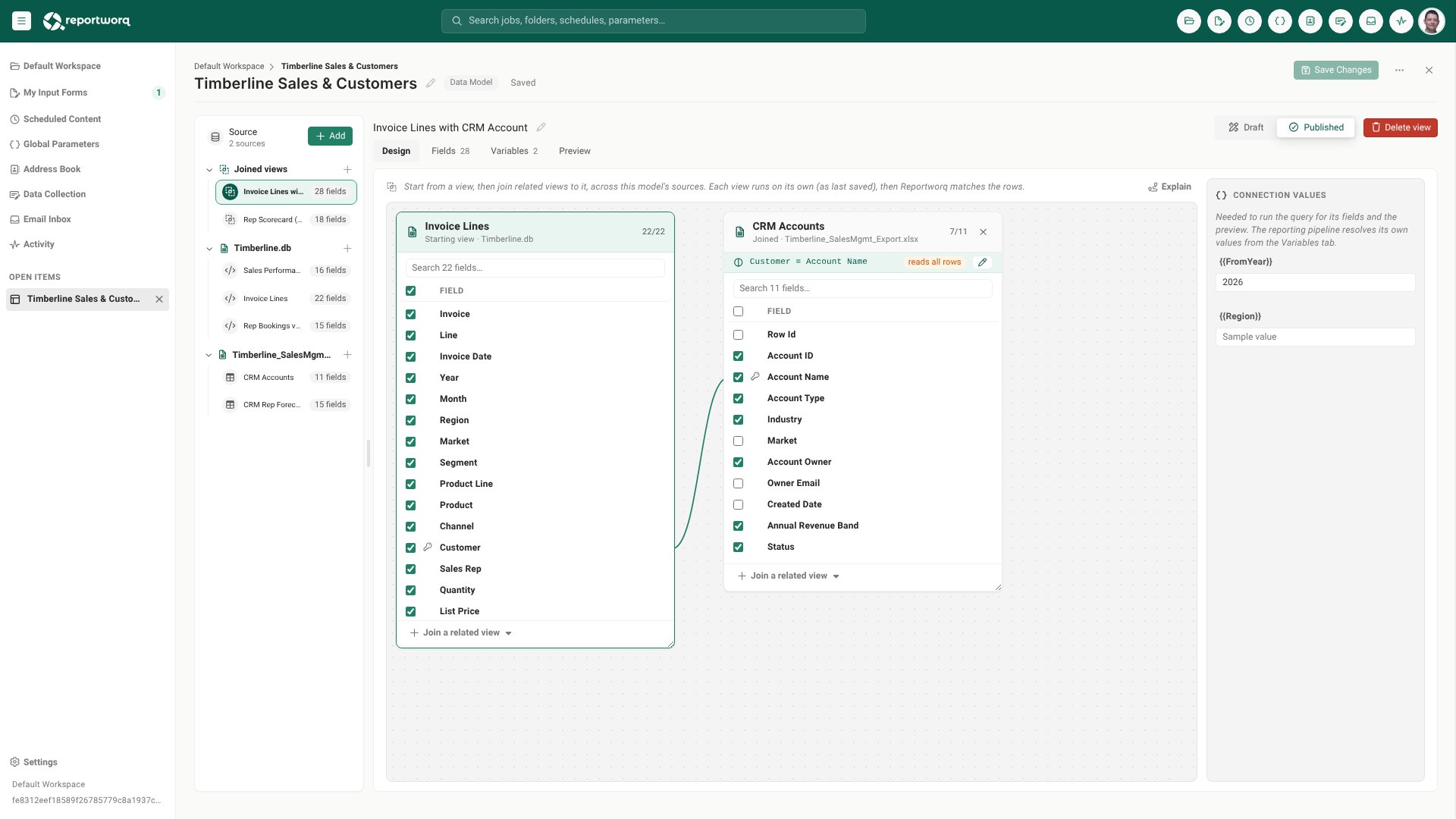 Reportworq data model: invoice lines joined to a CRM Excel export on customer
