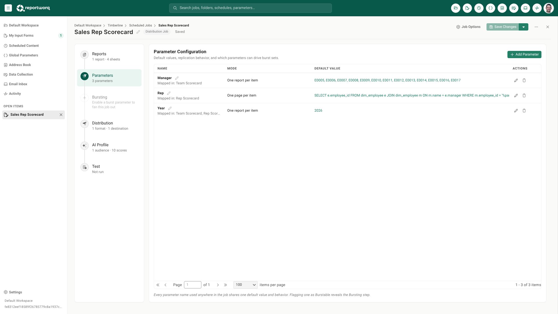 Reportworq job editor: parameter configuration that builds one report per manager