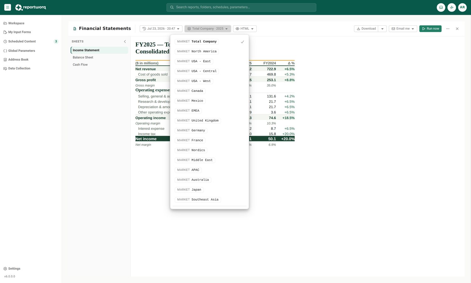 Reportworq screenshot: burst fan out