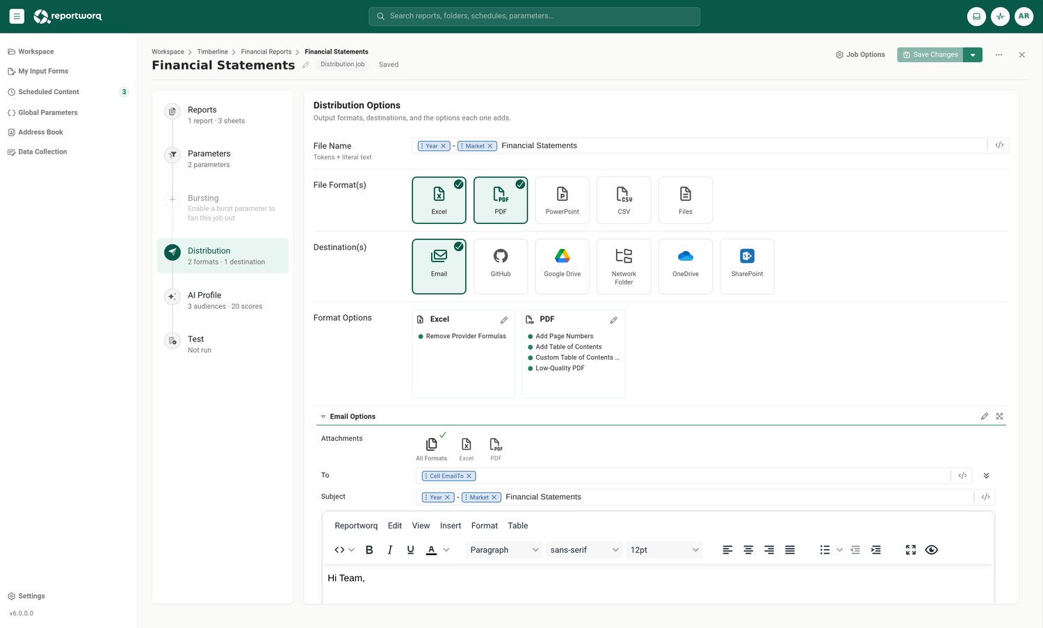 Reportworq screenshot: formats and destinations