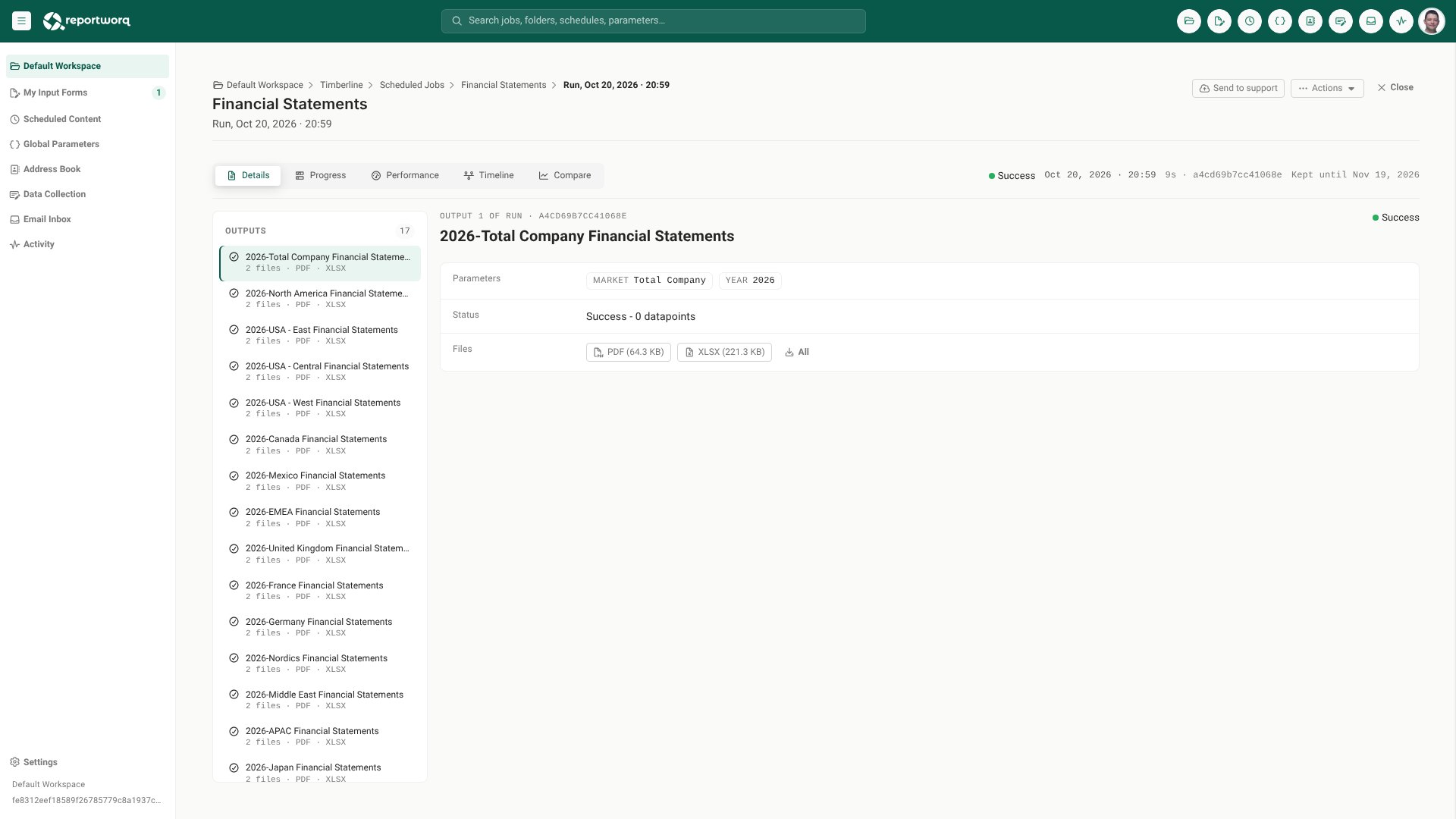 Reportworq run history: a Financial Statements run with a PDF and Excel output for each of 17 markets