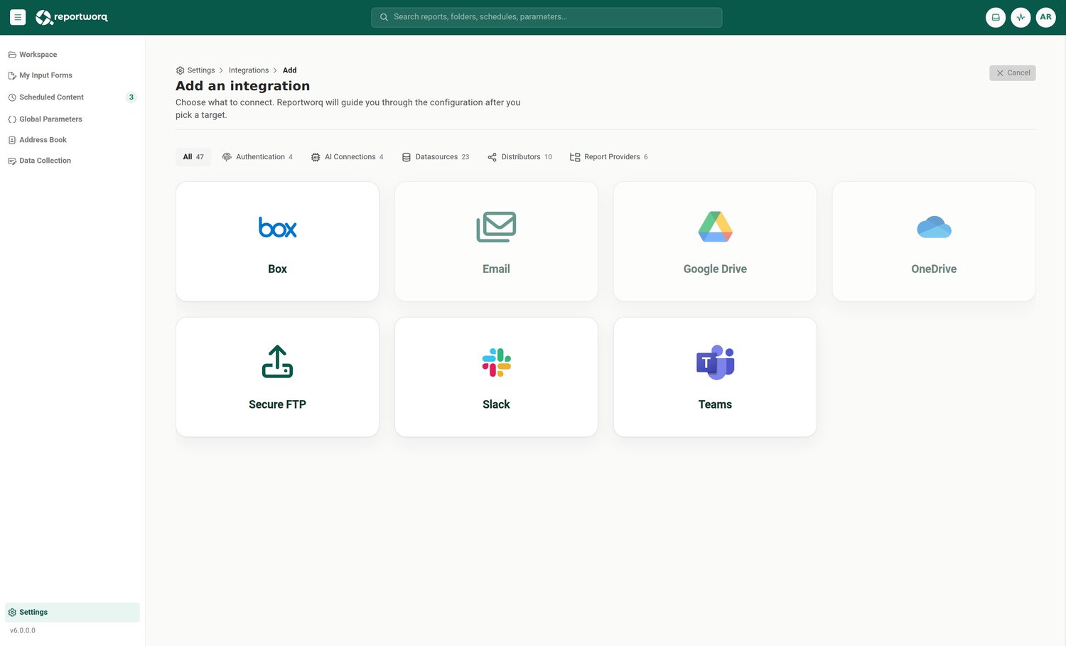 Reportworq screenshot: destinations
