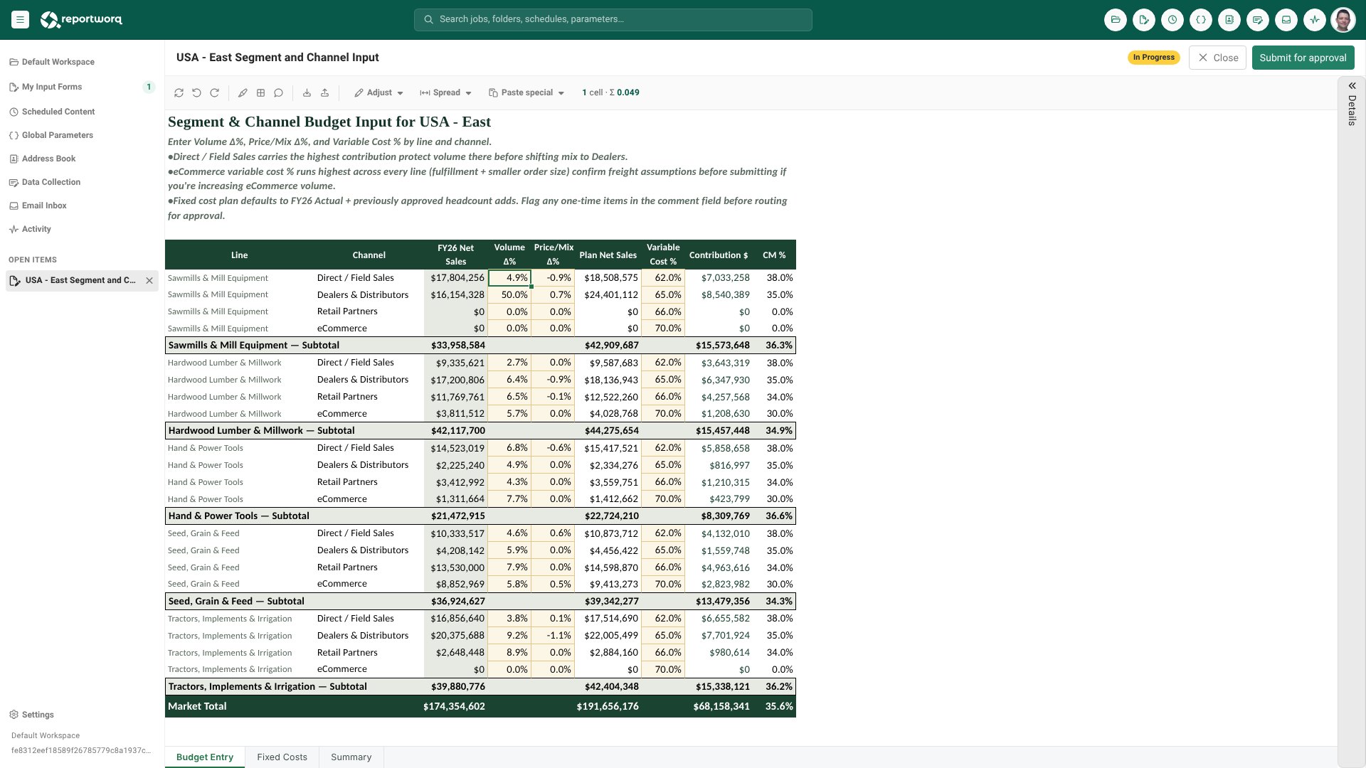 Reportworq contribution form: an Excel-like budget input grid with calculated plan sales and margin