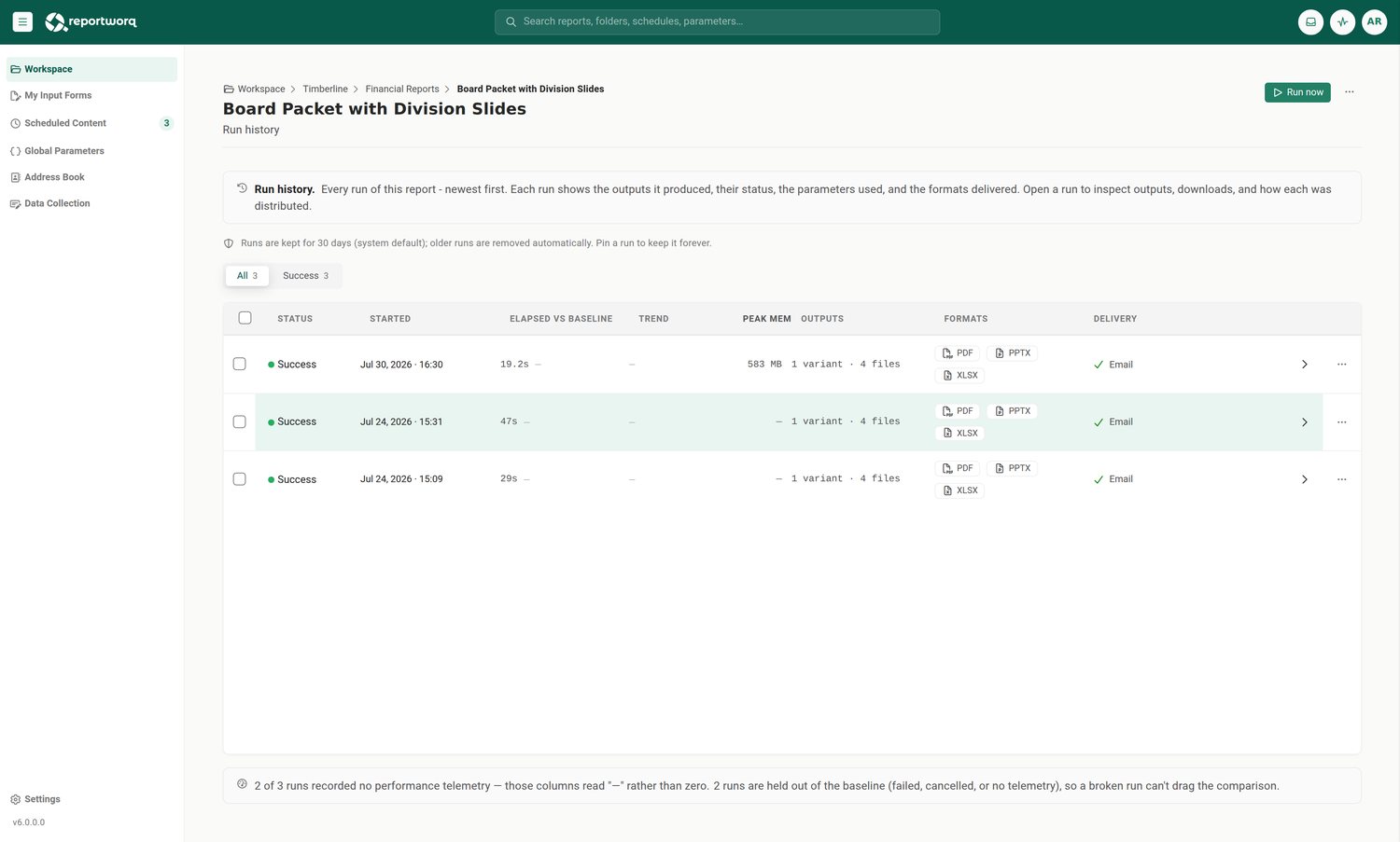 Reportworq screenshot: run history