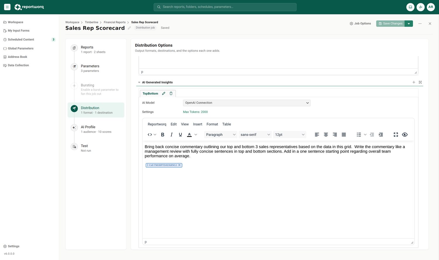 Reportworq screenshot: ai insights config