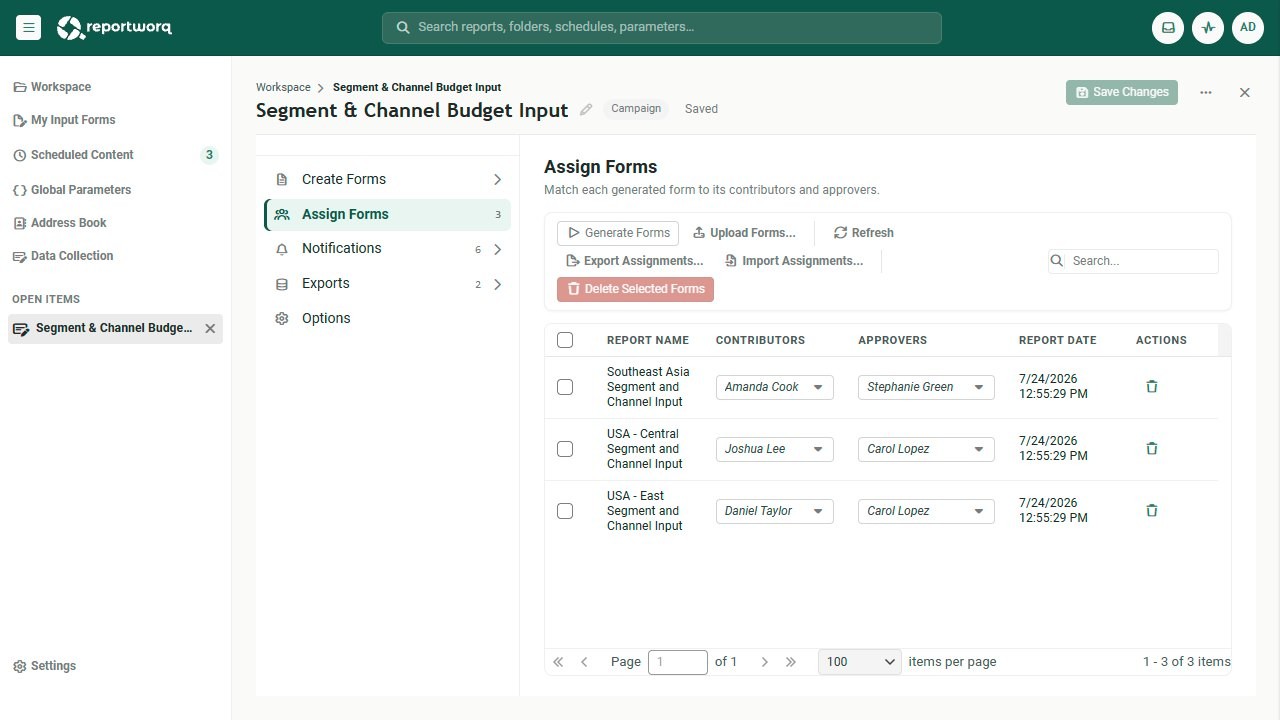 Assigning each generated input form to its contributor and its approver
