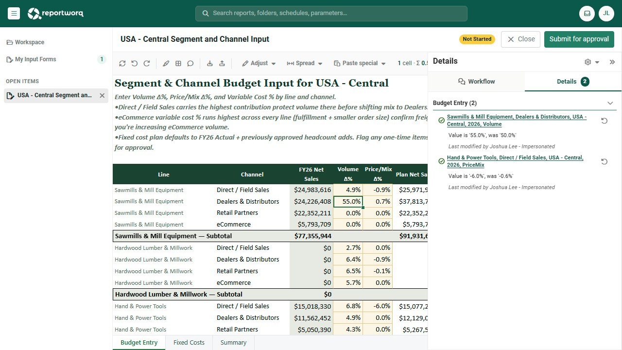 A contributor entering budget figures in the browser, with every change logged alongside