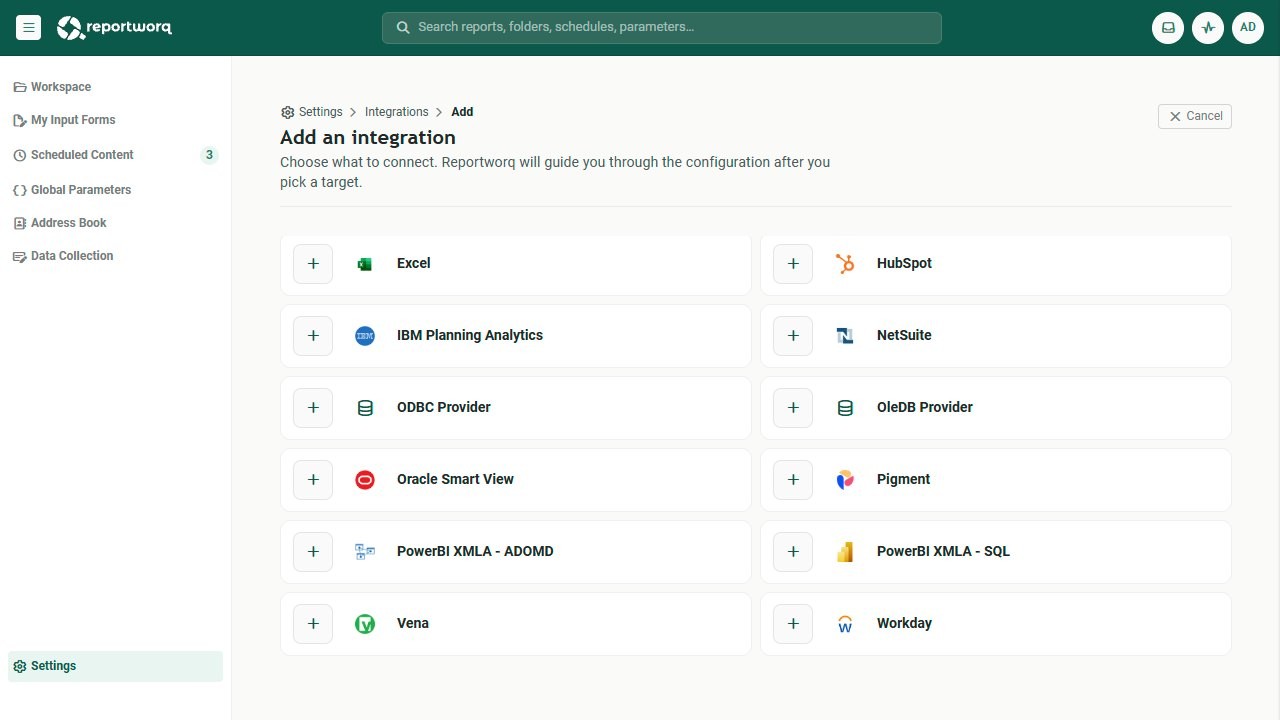 The Add an integration screen, showing the source systems Reportworq connects to